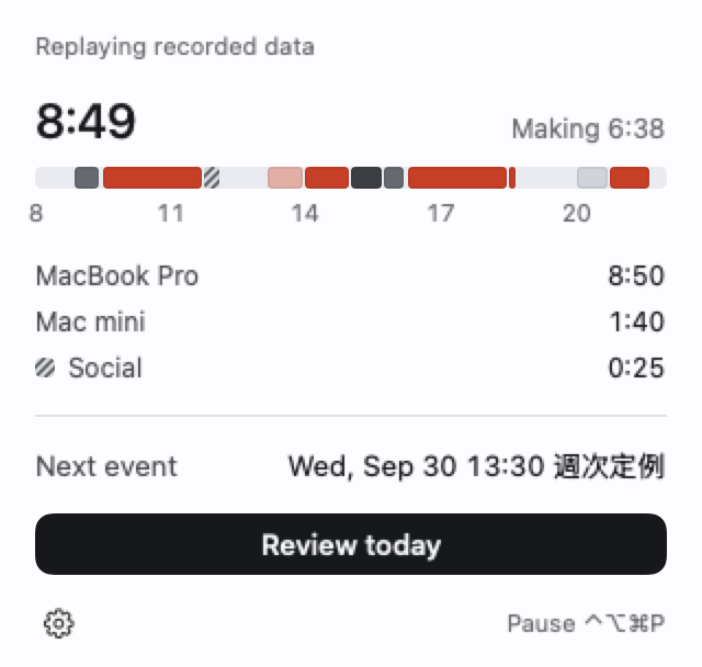 The menu bar popover: what's being recorded, today's total, and buttons to pause and review today.