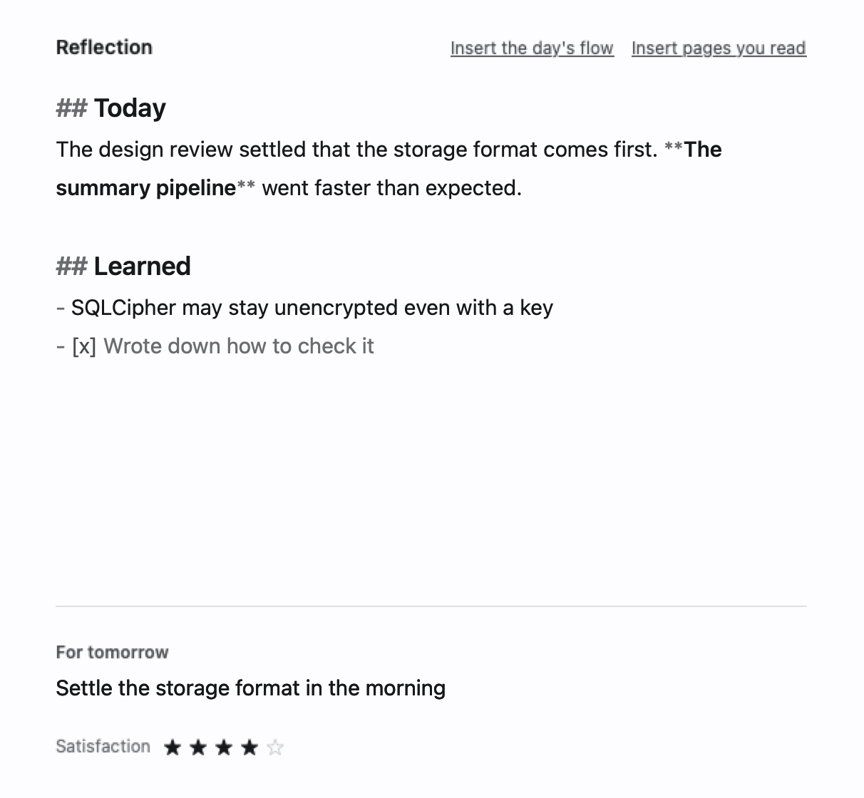 The reflection pane: text written with headings and lists, plans for tomorrow, and a satisfaction rating.